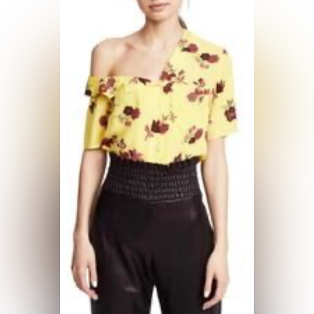 A.L.C Floral Silk Yellow Button Up Asymmetrical Shirt 6